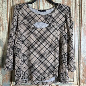 Adrienne Vittadini Tan Black Plaid Keyhole Buttons Blouse Top Size XL